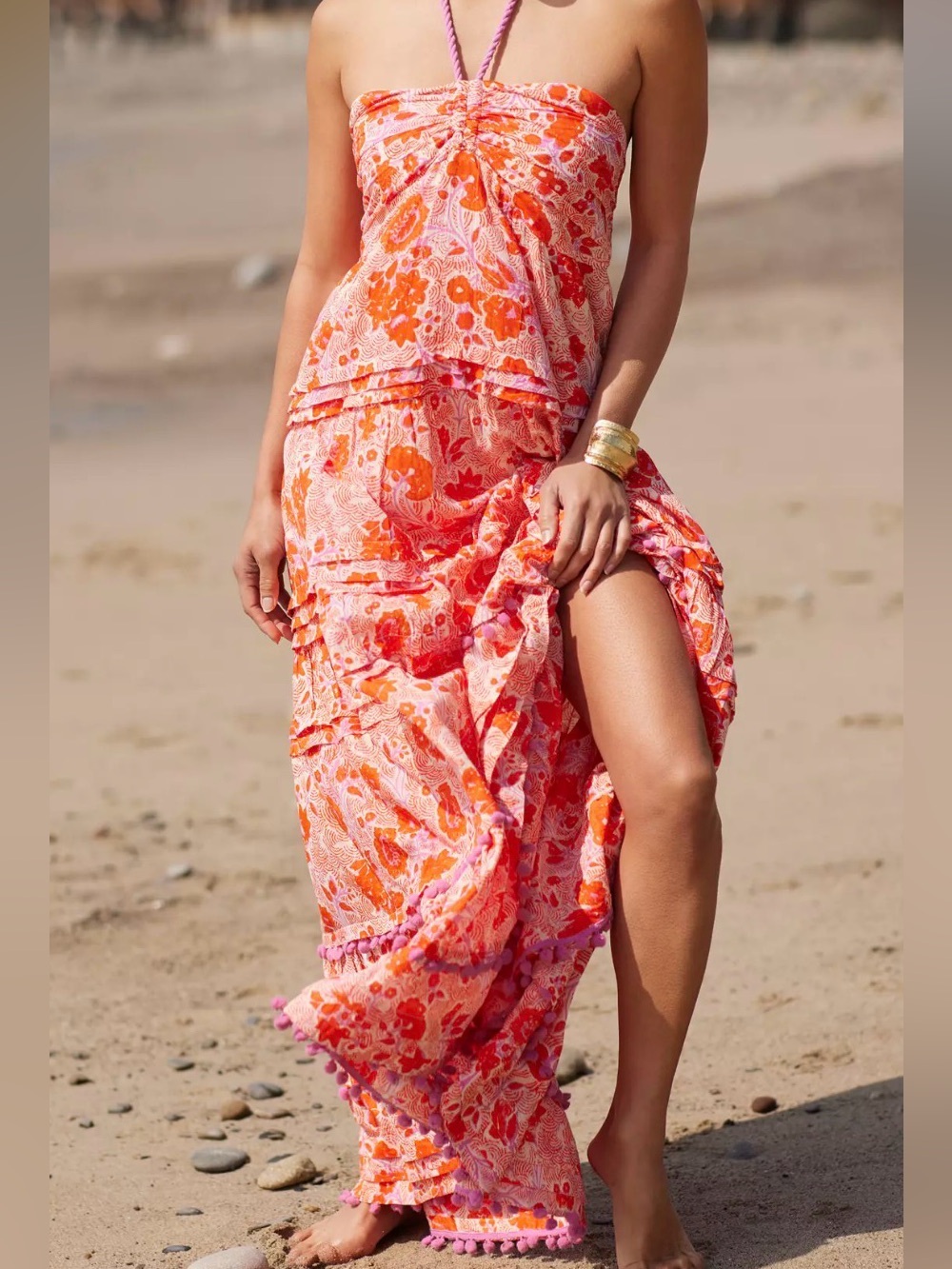 Ro's Garden Anthropologie Denise Halter Maxi Dress Pom Pom Pink Orange Floral M - Picture 13 of 15